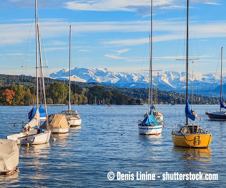 Der Zürichsee mit Booten im Vordergrund und den Alpen im Hintergrund.