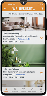 Smartphone zeigt die WG-GESUCHT.DE-App mit einer Liste verfügbarer 1-Zimmer-Wohnungen.