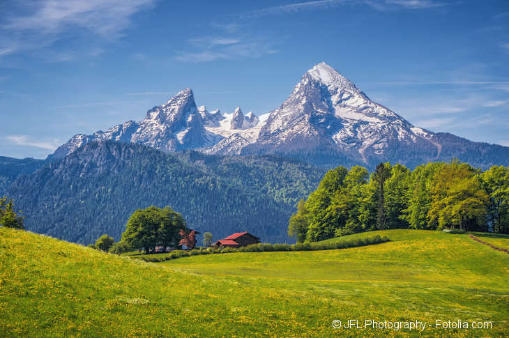 There is a green, partly wooded meadow in the foreground and there are mountains in the background.