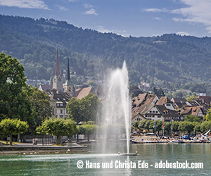 Der Zugersee mit Fachwerkhäusern im Hintergrund.