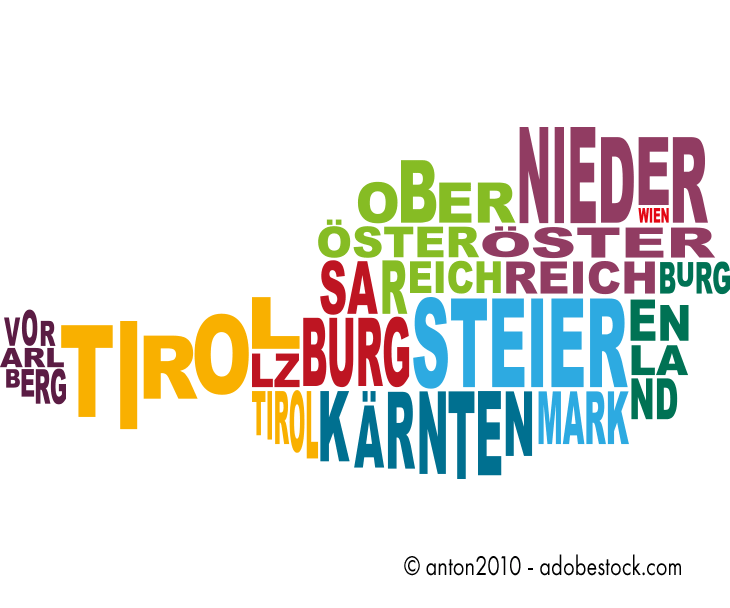 Die Namen der neun Bundesländer Österreichs in einer Wortwolke.